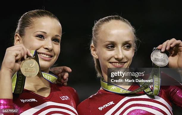 Alicia Sacramone of the USA gold and Anastasia Liukin of the USA silver celebrate after the floor during the Apparatus Finals of the 2005 World...