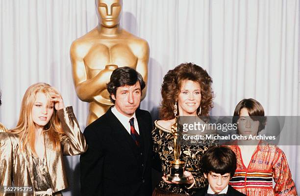 Actress Jane Fonda with husband Tom Hayden and family, Bridgette Fonda ,Troy Garity, Vanessa Vadim poses backstage after accepting her father Henry...