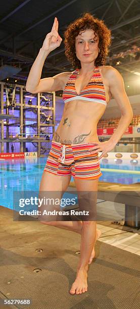 Singer Lucy Diakovska poses during the Stefan Raab 'TV Total Turmspringen' - TV Show at the swimarena at the Europasportpark on November 26, 2005 in...