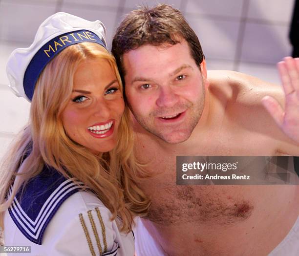 Television presenter Sonya Kraus and Elton pose during the Stefan Raab 'TV Total Turmspringen' - TV Show at the swimarena at the Europasportpark on...