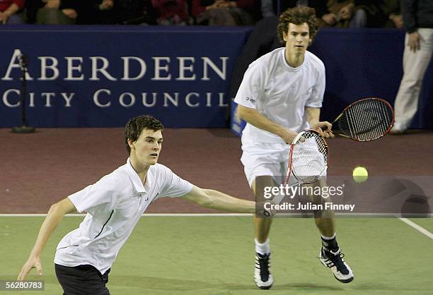 Andy Murray and Jamie Murray of Scotland in action against Greg Rusedski and David Sherwood of England in the mens doubles match during the Aberdeen...