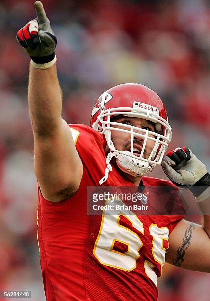 Defensive end Jared Allen of the Kansas City Chiefs celebrates after sacking quarterback Tom Brady of the New England Patriots in the second quarter...