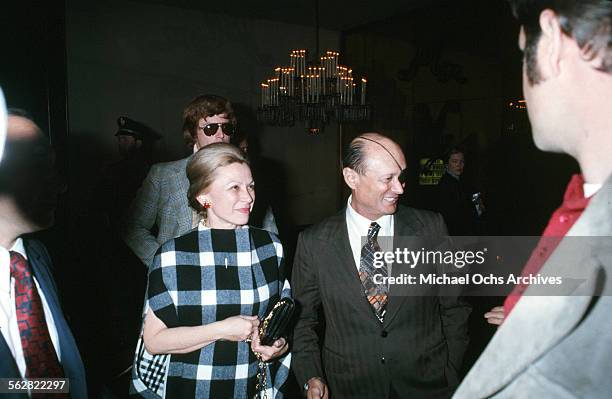 Defense Minister of Israel, Moshe Dayan with his wife Rachel arrives to the 47th Academy Awards at Dorothy Chandler Pavilion in Los...