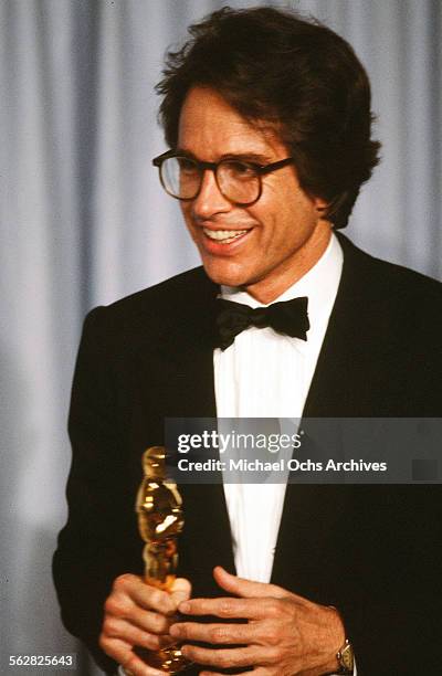 Actor Warren Beatty poses backstage after winning "Best Director for "REDS" during the 54th Academy Awards at Dorothy Chandler Pavilion in Los...