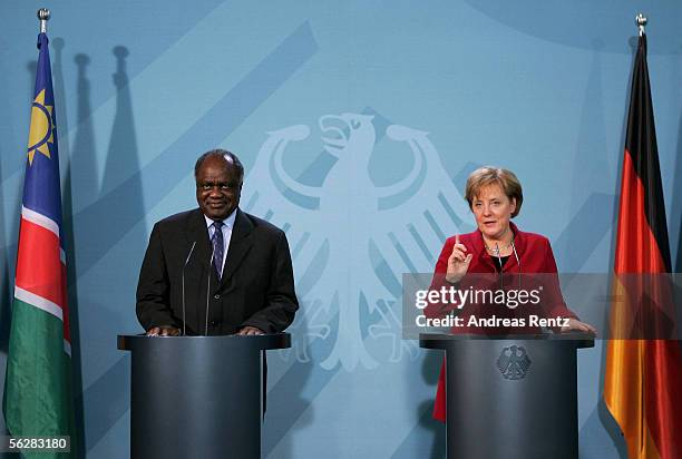 German Chancellor Angela Merkel of the Christian Democrats and Namibian President Hifikepunye Pohamba adresses the media for their statement at the...