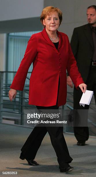 German Chancellor Angela Merkel of the Christian Democrats arrives for their statement with Namibian President Hifikepunye Pohamba at the Chancellery...