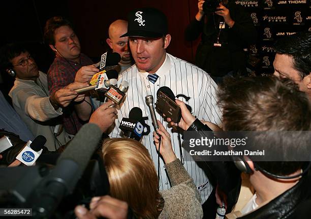 Jim Thome, who was traded to the Chicago White Sox from the Philadelphia Phillies last week, speaks to members of the media at a press conference at...