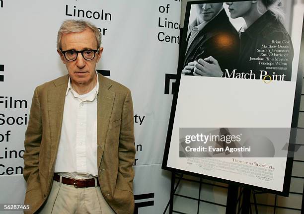 Writer/director Woody Allen poses backstage before participating in "An Evening With Woody Allen" and a special screening of his new film "Match...