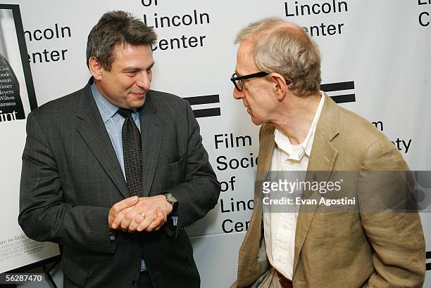 Writer/director Woody Allen chats with Richard Pena, The Film Society of Lincoln Center program director, before participating in "An Evening With...