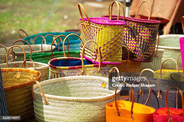 selection of colourful, hand-crafted baskets, south africa - african woven baskets stock pictures, royalty-free photos & images