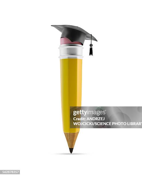 ilustraciones, imágenes clip art, dibujos animados e iconos de stock de pencil with graduation cap, illustration - writing instrument