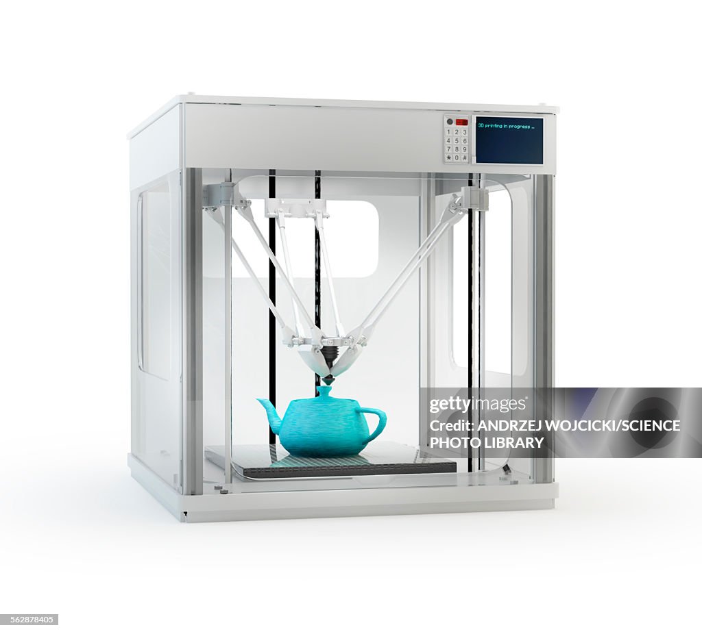 3D printer printing teapot, illustration