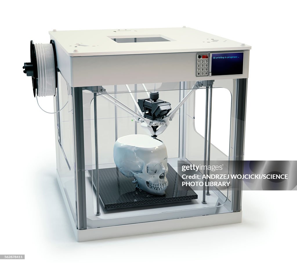 3D printer printing skull, illustration