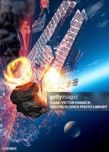 space station and asteroid, illustration - planet collision stock-grafiken, -clipart, -cartoons und -symbole