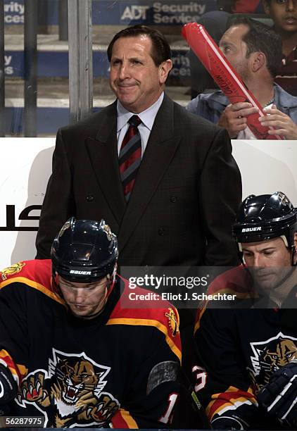 Head coach Jacques Martin of the Florida Panthers watches watches his team in action against the Toronto Maple Leafs at the Bank Atlantic Center...