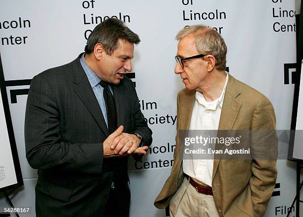 Writer and director Woody Allen chats with Richard Pena, The Film Society of Lincoln Center program director, before participating in "An Evening...