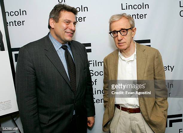 Writer and director Woody Allen chats with Richard Pena, The Film Society of Lincoln Center program director, before participating in "An Evening...