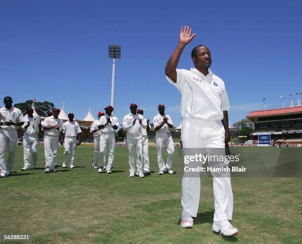 Brian Lara of the West Indies acknowledges the crowd as he leaves the field in what will likely be his last Test in Australia after day five of the...
