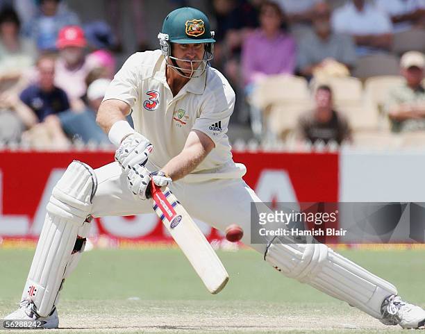 Matthew Hayden of Australia in action during day five of the Third Test between Australia and the West Indies played at the Adelaide Oval on November...