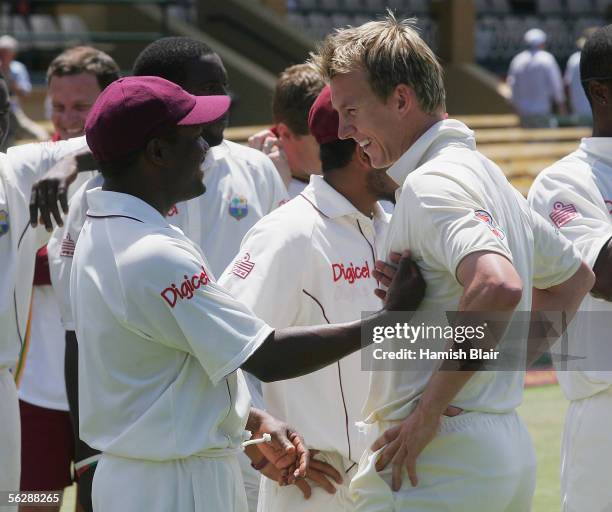 Brian Lara of the West Indies and Brett Lee of Australia chat during the presentations after day five of the Third Test between Australia and the...