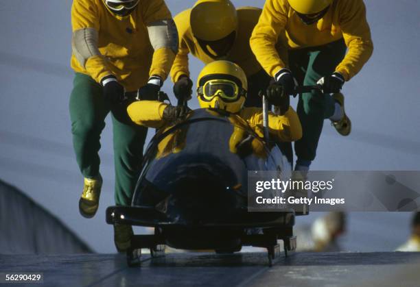 The Jamaican four man bobsleigh team in action at the 1988 Calgary Winter Olympic Games held on February 25, 1988 in Calgary, Canada.