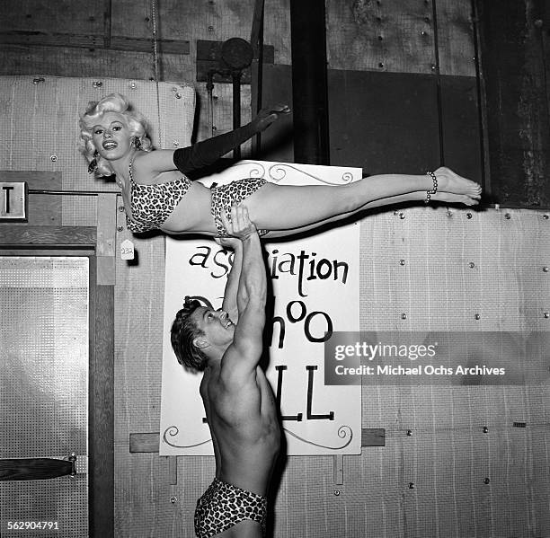 Actress Jayne Mansfield and Mickey Hargitay attend a Halloween party in Los Angeles,California.