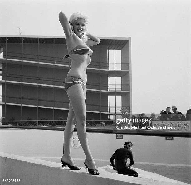 Actress Jayne Mansfield poses at Marineland in Los Angeles,California.