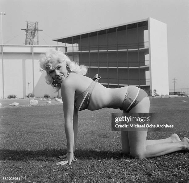 Actress Jayne Mansfield poses at Marineland in Los Angeles,California.