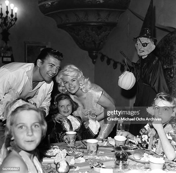 Actress Jayne Mansfield and Mickey Hargitay have a Halloween and Birthday party for daughter Jayne Marie Mansfield in Los Angeles,California.