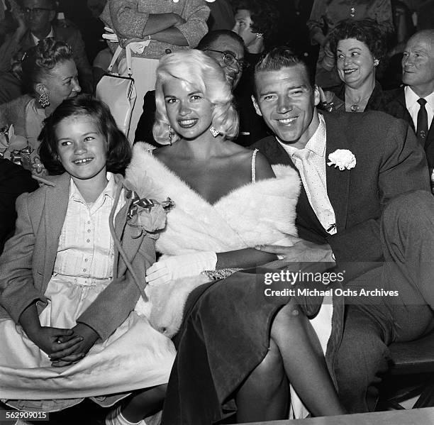 Actress Jayne Mansfield and Mickey Hargitay with daughter Jayne Marie Mansfield attend an event in Los Angeles,California.