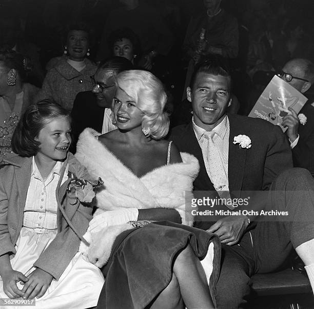 Actress Jayne Mansfield and Mickey Hargitay with daughter Jayne Marie Mansfield attend an event in Los Angeles,California.