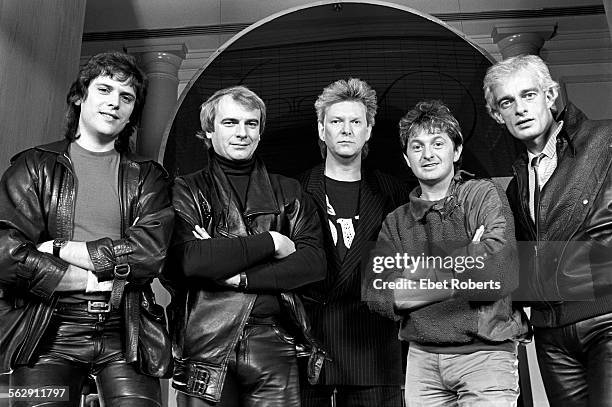 Yes at the Parker Meridien Hotel in New York City on December 9, 1983. L-R: Trevor Rabin, Alan White, Chris Squire, Jon Anderson, Tony Kaye.