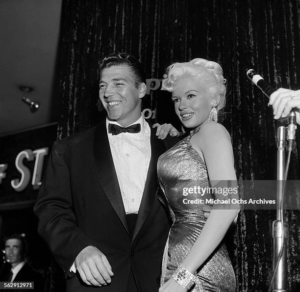 Actress Jayne Mansfield and Mickey Hargitay attend the premiere of "Sprit of St Louis" in Los Angeles,California.