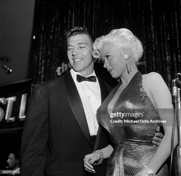 Actress Jayne Mansfield and Mickey Hargitay attend the premiere of "Sprit of St Louis" in Los Angeles,California.