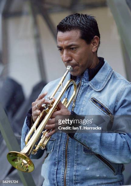 Nolberto Solano practices with his salsa band at St James Park on November 29, 2005 in Newcastle, United Kingdom.