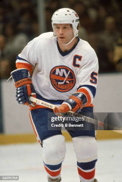 Canadian professional hockey player Denis Potvin, defenseman for the New York Islanders, on the ice during a game, 1980s.