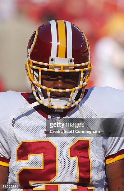 Safety Sean Taylor of the Washington Redskins looks on against the Oakland Raiders on November 20, 2005 at FedExField in Landover, Maryland. The...