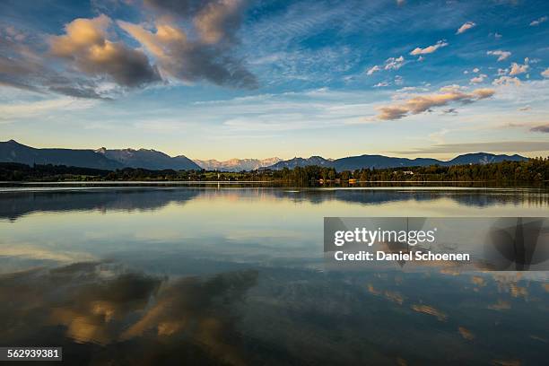 morning atmosphere, riegsee lake and murnau with mt zugspitze, upper bavaria, bavaria, germany - lake riegsee stock pictures, royalty-free photos & images