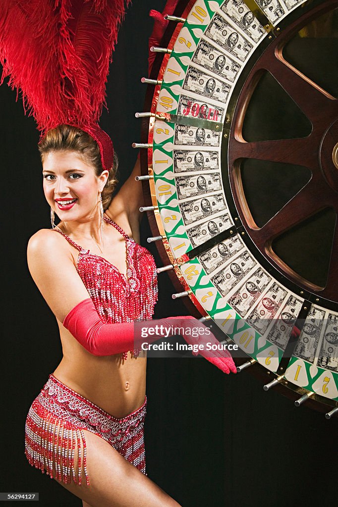 Showgirl spinning the wheel of fortune