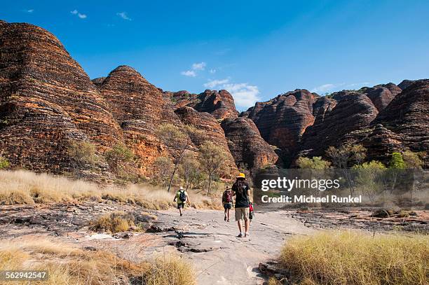 hikers in front of the bungle bungles, beehive-shaped sandstone towers, purnululu national park, unesco world heritage site, eastern kimberleys, western australia - bungle bungle stock-fotos und bilder