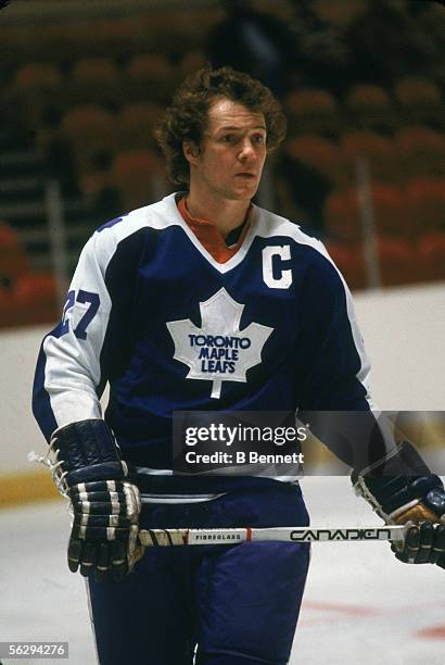 Canadian professional hockey player Darryl Sittler, center for the Toronto Maple Leafs, on the ice during a game, 1970s.