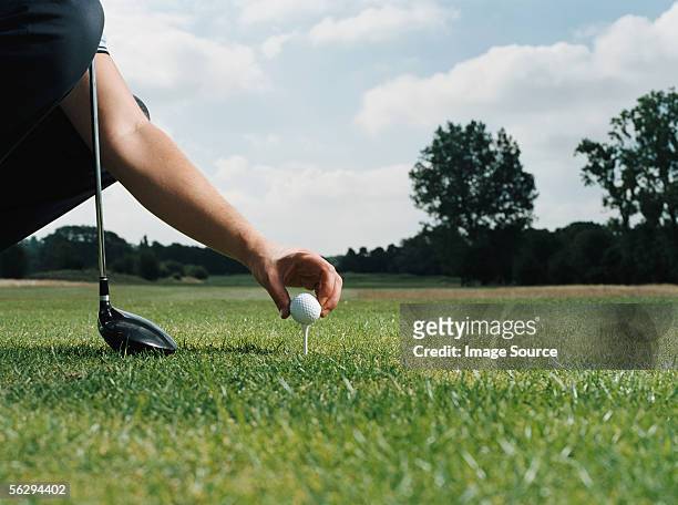 placing a golf ball on the tee - golf tee stock pictures, royalty-free photos & images