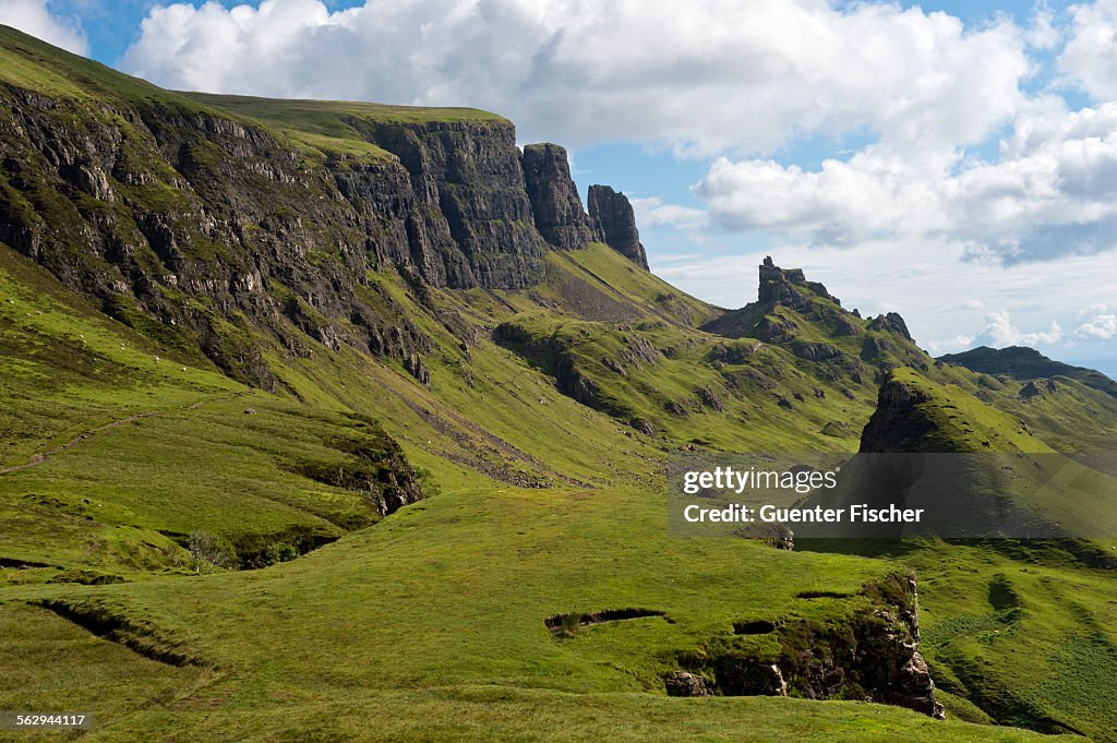 Rocky landscape of Quiraing, Trotternish Ridge, Isle of Skye, Inner Hebrides, Scotland, United Kingdom