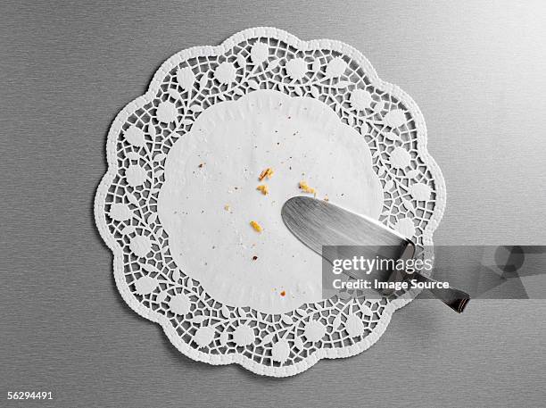 cake slice and crumbs - doily stock pictures, royalty-free photos & images