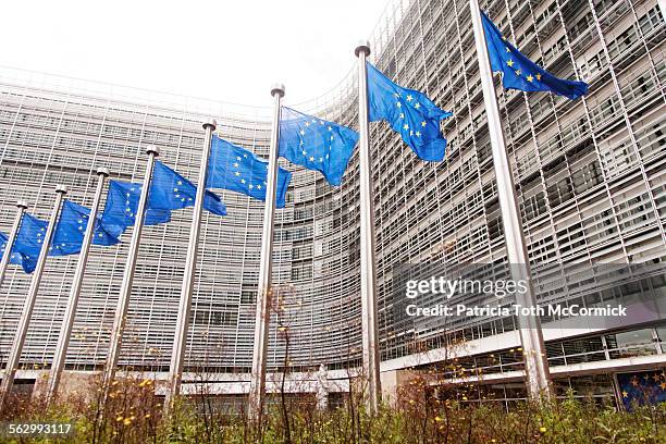 european union flags at berlaymont building - berlaymont stock pictures, royalty-free photos & images