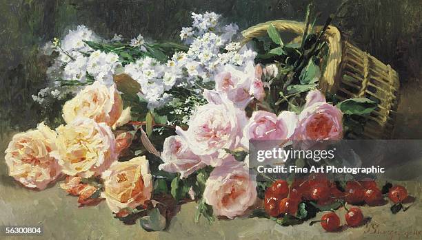 Oil painting of flowers and cherries by Salon still-life painter Pierre Bourgogne b. 1838 d. 1904. Images of garden flowers and other arrangements...