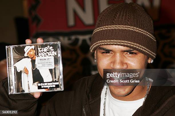 Rapper Chris Brown poses for a photo at the Virgin Megastore in Times Square November 29, 2005 in New York City.
