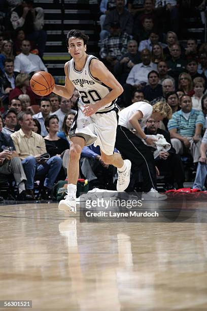 Manu Ginobili of the San Antonio Spurs drives the ball up court during a game against the Atlanta Hawks at SBC Center on November 15, 2005 in San...