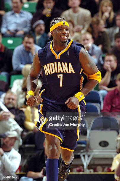 Jermaine O'Neal of the Indiana Pacers smiles during a game between the Indiana Pacers and Utah Jazz on November 29, 2005 at the Delta Center in Salt...