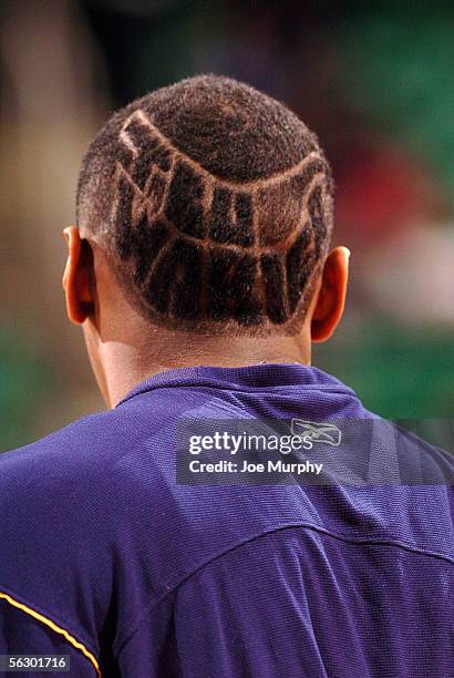 Ron Artest of the Indiana Pacers attends a game between the Indiana Pacers and Utah Jazz as the words, "Tru Warier" appear shaved into his hair on...